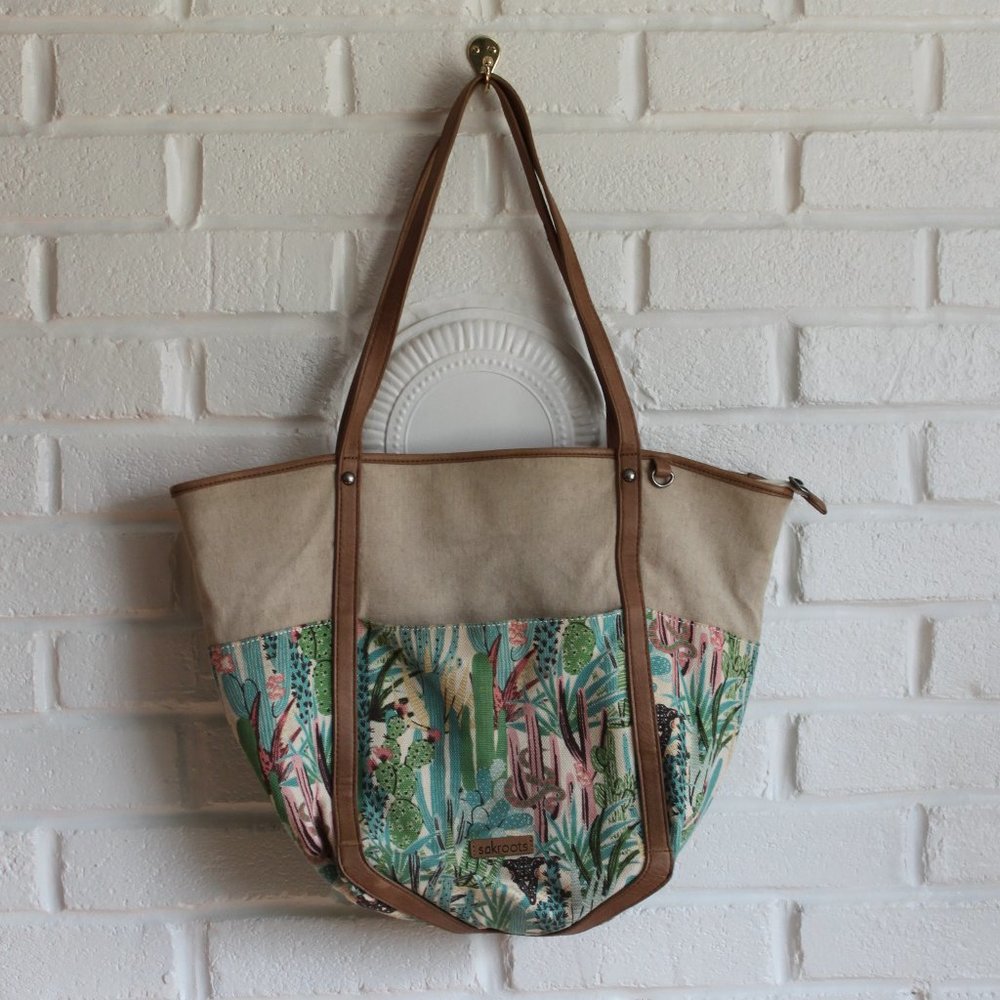 Sakroots Topanga Tote Bag western cactus Beige Shoulder Bag cotton jute beach